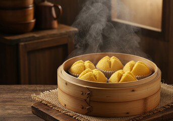 Yellow steamed cakes (Kue Mangkok) fresh from the bamboo steamer, releasing fragrant steam. A traditional Asian dessert ready to serve on a rustic table.
