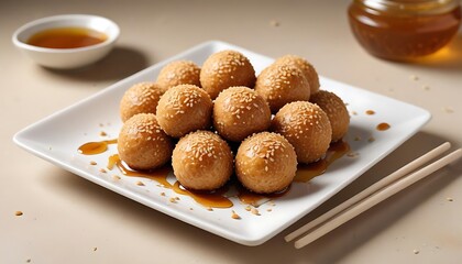 Golden fried sesame seed coated egg bites on a white plate with sauce