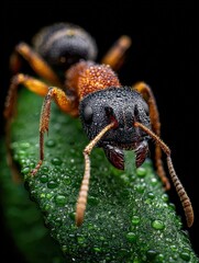 a macro shot of a black ant on a leaf, highlighting its intricate details and dew droplets. The ant is in sharp focus, showcasing its texture and features