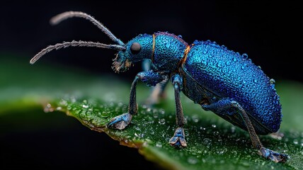 A detailed close-up shot of a small, shimmering blue beetle resting on a green leaf covered in water droplets. This image shows the intricacy and beauty of insect life.