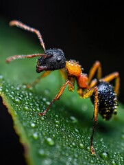 A macro shot of a diligent ant on a water droplet-covered leaf, showcasing nature's intricate details
