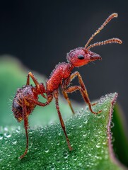 a detailed macro shot of a red ant standing on a dew-covered leaf, showcasing the intricate details of the insect