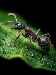 a macro shot of a single ant on a green leaf with water droplets, highlighting the intricate details of the insect