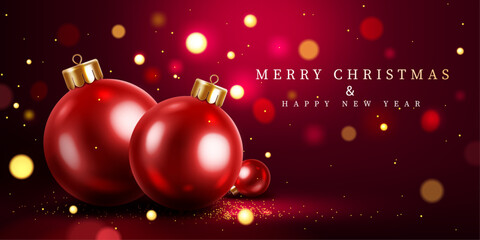 red color birght christmas balls,gold dust decorative dark red merry christmas and happy new year background,greeting card vector illustration.