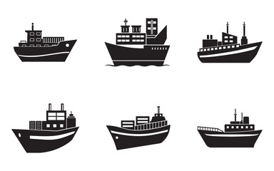 Obraz premium Set of Black and White Vector Ship Silhouettes for Commercial Transportation and Maritime Industry Designs