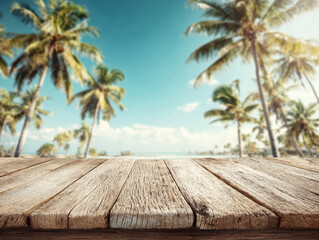 A rustic wooden surface catches the eye as palm trees sway in the gentle breeze under a clear blue sky. The tranquil beach setting creates a peaceful atmosphere ideal for relaxation.