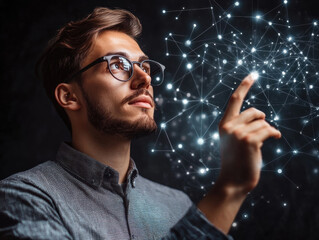 Young man interacting with digital network concept in dark space