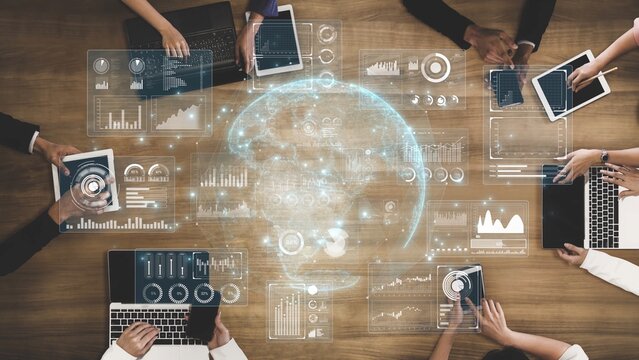 Real-time global data analytics dashboard visualizing insights from interconnected systems for decision-making, business analytics, and digital transformation Marrow
