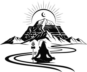 Lord Shiva Meditating at Mount Kailash with Sun and Moon .