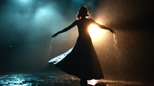 Dancing in the Downpour: Silhouette of a woman gracefully twirling in the rain, arms outstretched. The scene evokes a feeling of liberation, joy, and a dance with nature.