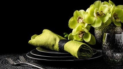 Elegant table setting features bright green floral arrangement and dark textured dinnerware against a black background