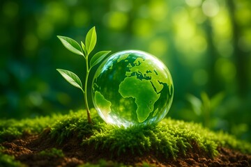 Eco-Friendly Future: Glass Globe with Growing Plant Symbolizing Global Sustainability
