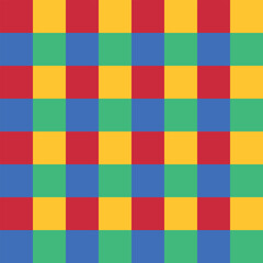 Vibrant geometric pattern with red, yellow, blue, and green squares arranged in a seamless checkerboard layout.