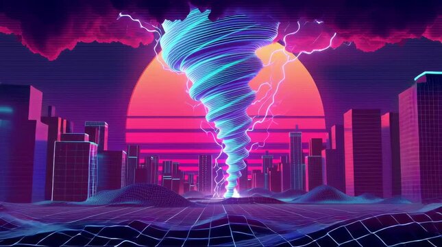 glowing neon tornado tearing through futuristic city grid, magenta-cyan palette, vaporwave sun backdrop, synthwave aesthetic, design only, - Powered by Adobe