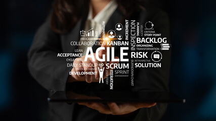 A business professional presents Agile methodology concepts on a tablet screen, highlighting key...