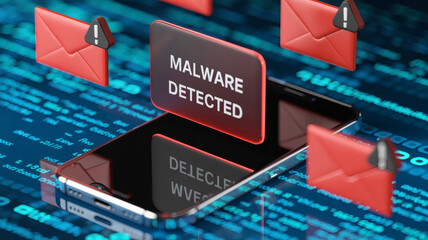 Malware Detected on Mobile Phone Concept of Cyber Security Email Spam Phishing and Online Digital Threats