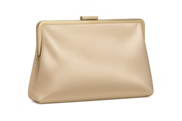 Beige clutch bag with golden clasp on transparent background