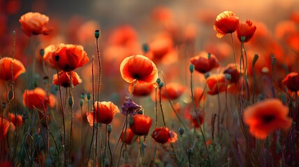 Obraz premium Field of vibrant red flowers illuminated by warm, soft light