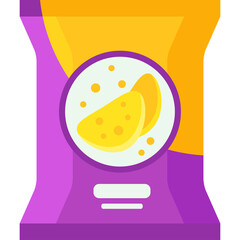 Purple and Yellow Bag of Potato Chips Displaying Crispy Snacks and Crumbs on a White Circle Graphic Isolated on a Transparent Background