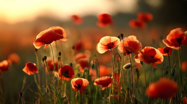 Vibrant red flowers bloom profusely across a sunlit field during the golden hour