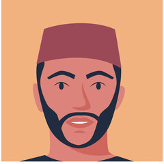 Portrait of a Bearded Man Wearing a Maroon Kufi Cap Against a Warm Peach Background Minimalist Digital Art Style