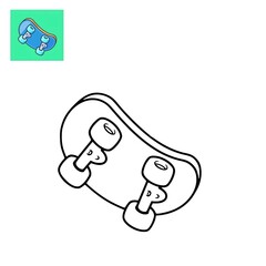 A simple black and white line art illustration of a skateboard. An easy-to-use colouring page for a children's activity book