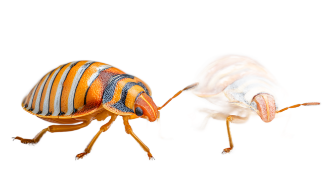 Striped beetle and fluffy insect isolated on transparent background