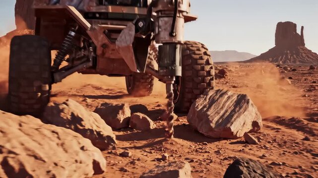 Robot moves across rugged Martian surface, expertly maneuvering around large rocks and dust. Desert-like setting with red soil and distant formations
