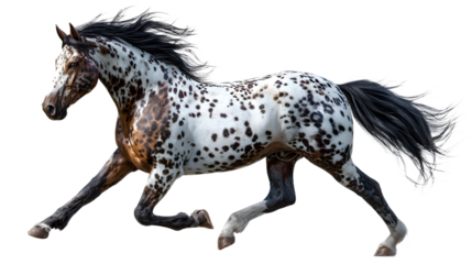 Appaloosa horse running with mane flowing, isolated on transparent background