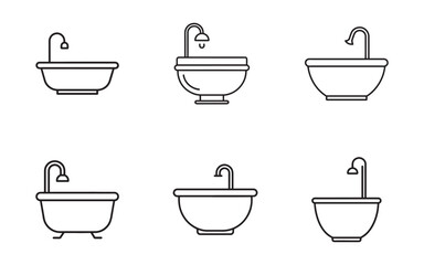 Variety of bathtub outline icons in minimalist style for bathroom design elements and decorative illustration purposes for digital and printed media