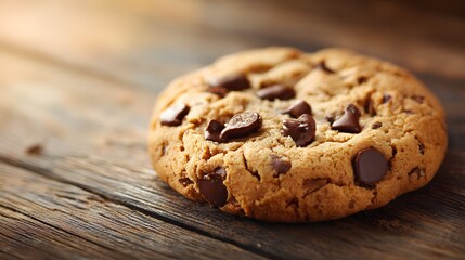 Delicious baked dessert featuring chocolate chips resting upon a rustic wooden surface.