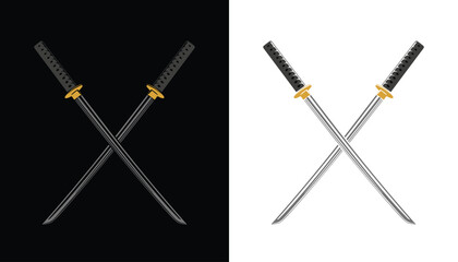 Vector logo image of a samurai sword variation with cool and attractive gold color variations with a black and white background for various design purposes.