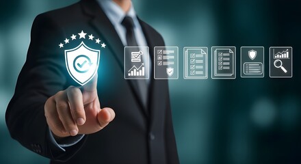 Man in suit touching a shield icon with a checkmark, signifying security, quality assurance and compliance with business standards