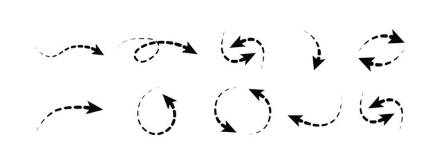 Thick To Thin Dotted Line Arrows. Squiggly dash line arrows doodle set. Curve and Spiral dotted comic directions in sketch style. Vector illustration isolated on white background, vector illustration.