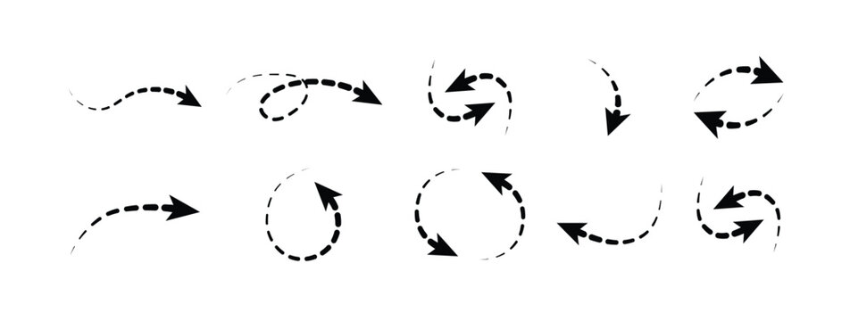 Thick To Thin Dotted Line Arrows. Squiggly dash line arrows doodle set. Curve and Spiral dotted comic directions in sketch style. Vector illustration isolated on white background, vector illustration.