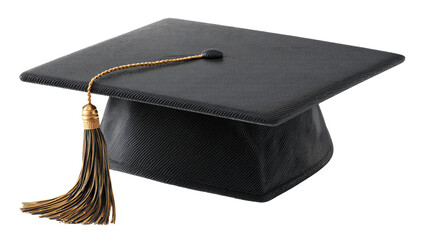 Black mortarboard graduation cap and diploma isolated on white, symbolizing student achievement and academic success
