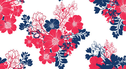 Elegant botanical illustration of red and blue flowers on a white background.