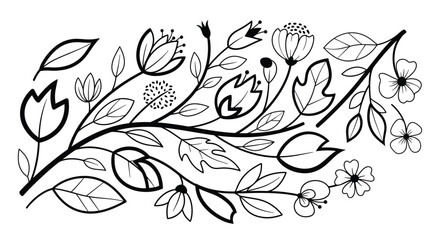 Hand Drawn Black and White Floral Branch Illustration.