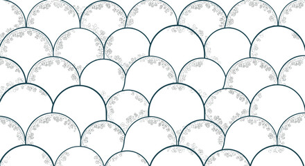 Abstract geometric pattern of overlapping semi circles in black and white.