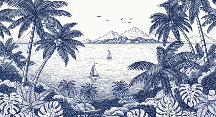 Tropical Palm Trees and Lush Foliage in a Blue and White Toile Pattern.