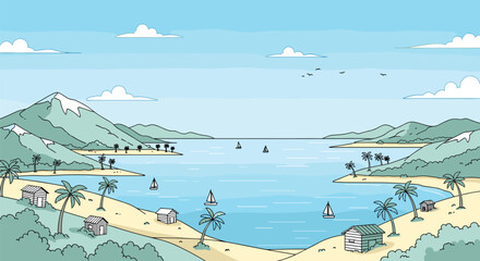 Tropical Beach Scene with Palm Trees and Ocean Views.