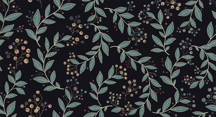 Elegant botanical pattern with delicate leaves and berries on a dark background.