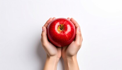 Hands Holding a Shiny Red Apple on White Background.