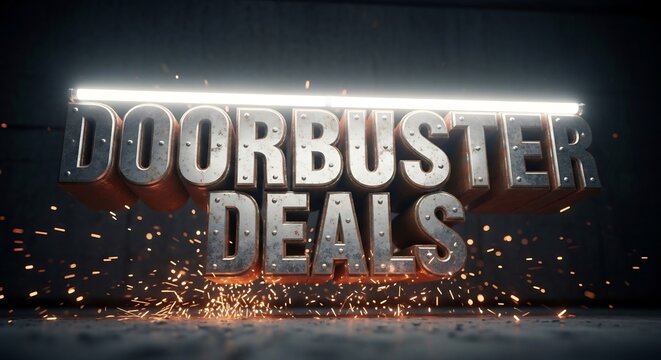 Eye-catching doorbuster deals advertisement with a metallic style. Ideal for retail promotions, sales events, Black Friday campaigns, and seasonal offers to boost traffic.