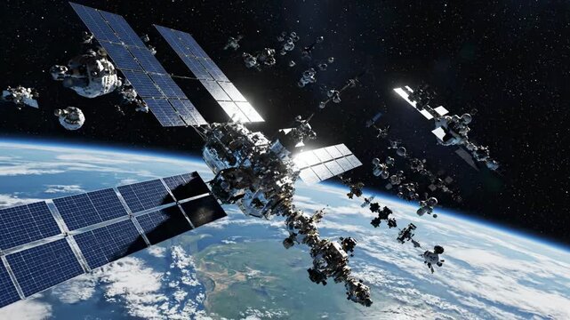 Space station with multiple spacecrafts surrounding it amidst stars and Earth view. Bright sunlight highlights advanced technology in low Earth orbit