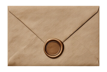 Brown envelope with bronze wax seal closure, isolated on transparent background