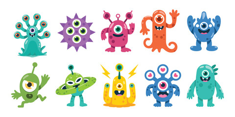 Obraz premium Alien Characters Vector Clipart – Fun Space Creatures for T-Shirt Designs, Apps, Digital Art, and Creative Sci-Fi Projects