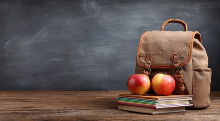 Backpack, apples, and books on wooden table; chalkboard background
