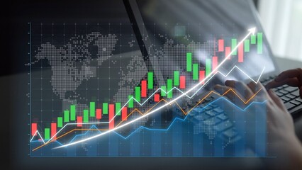 A detailed visualization of financial growth featuring colorful stock market charts and graphs on a laptop. Ideal for illustrating business success and investment strategies. Copula