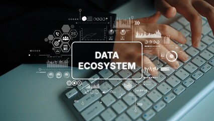 Data Ecosystem Concept with Hands Typing on Keyboard and Digital Graphics Overlaying Data Visualization Elements. Asymptotic smart data analytic.